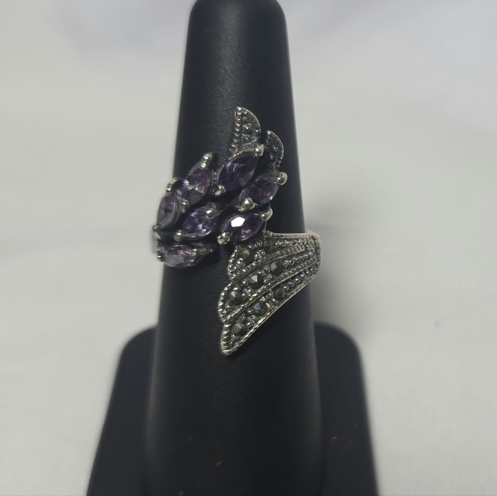 Sterling Silver Purple Rhinestone Marcasite Vintage Wings Ring 7